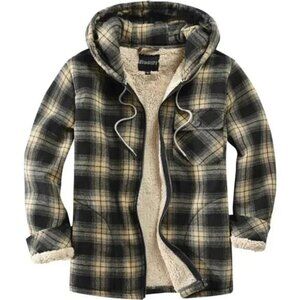 Men's Full Zip Fleece Flannel Jackets Shirt Plaid Cotton Hoodies Coat with Hood